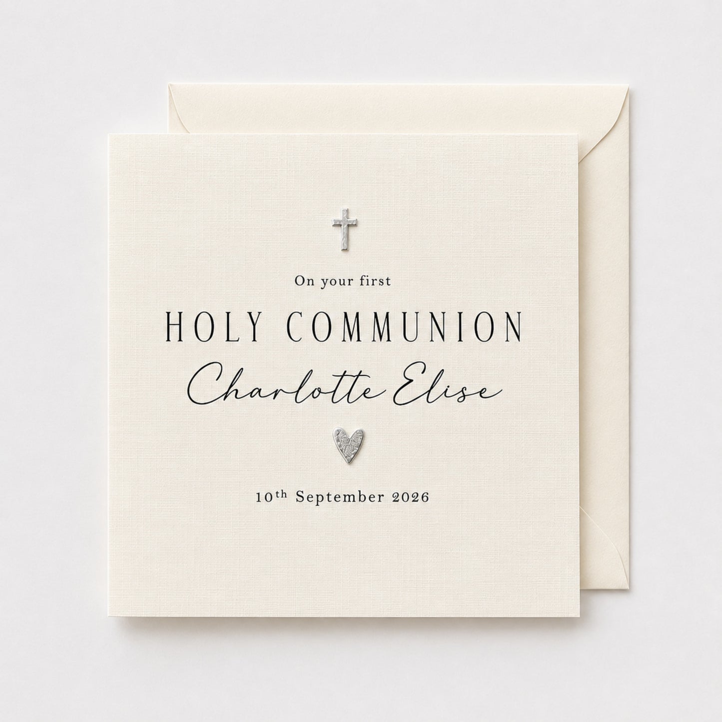 Personalised First Holy Communion Card | Gold or Silver Cross & Heart