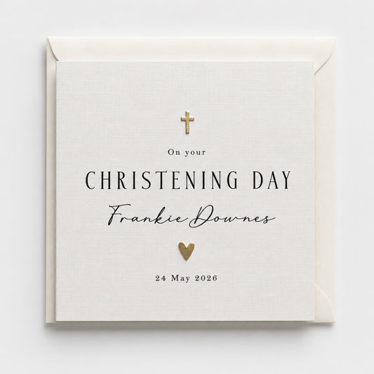 Personalised Christening Day Card with Metallic Cross & Heart | Whisk & Whirl Designs