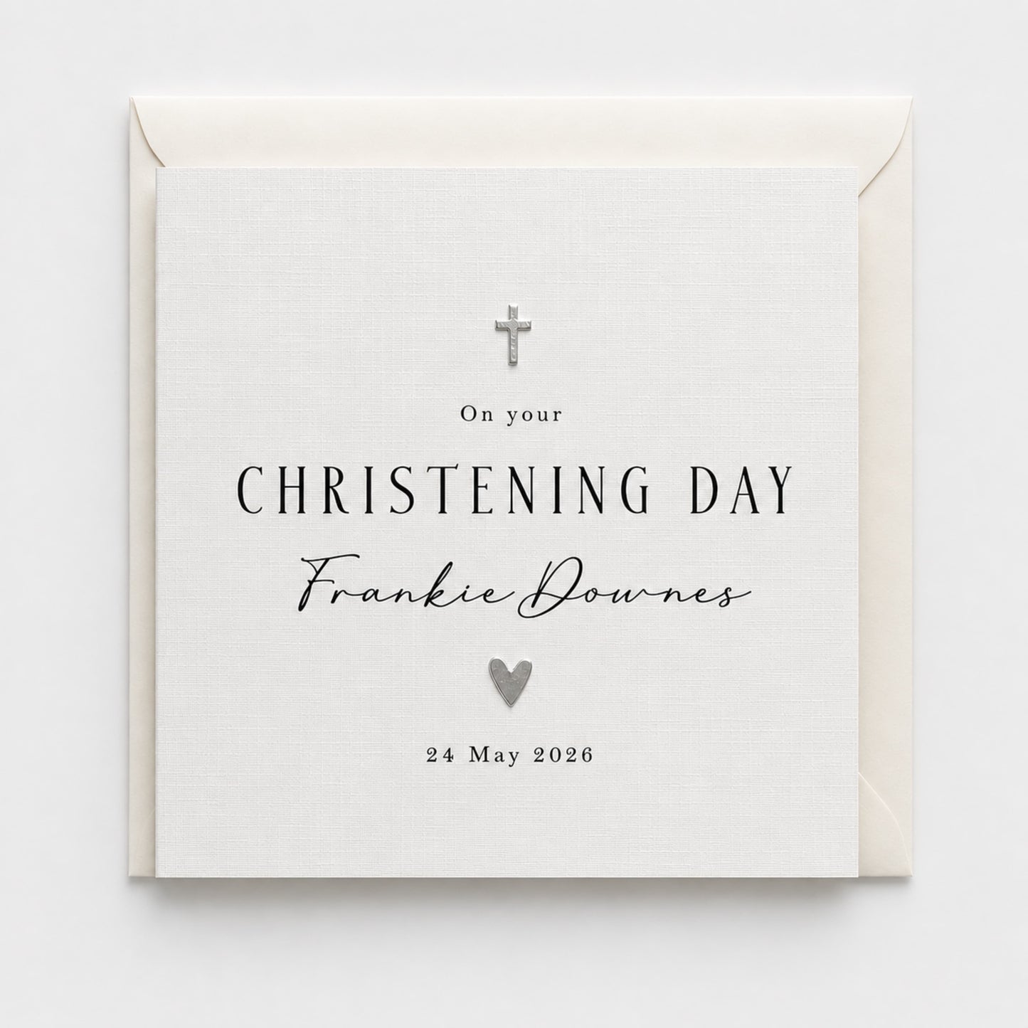 Personalised Christening Day Card with Metallic Cross & Heart | Whisk & Whirl Designs