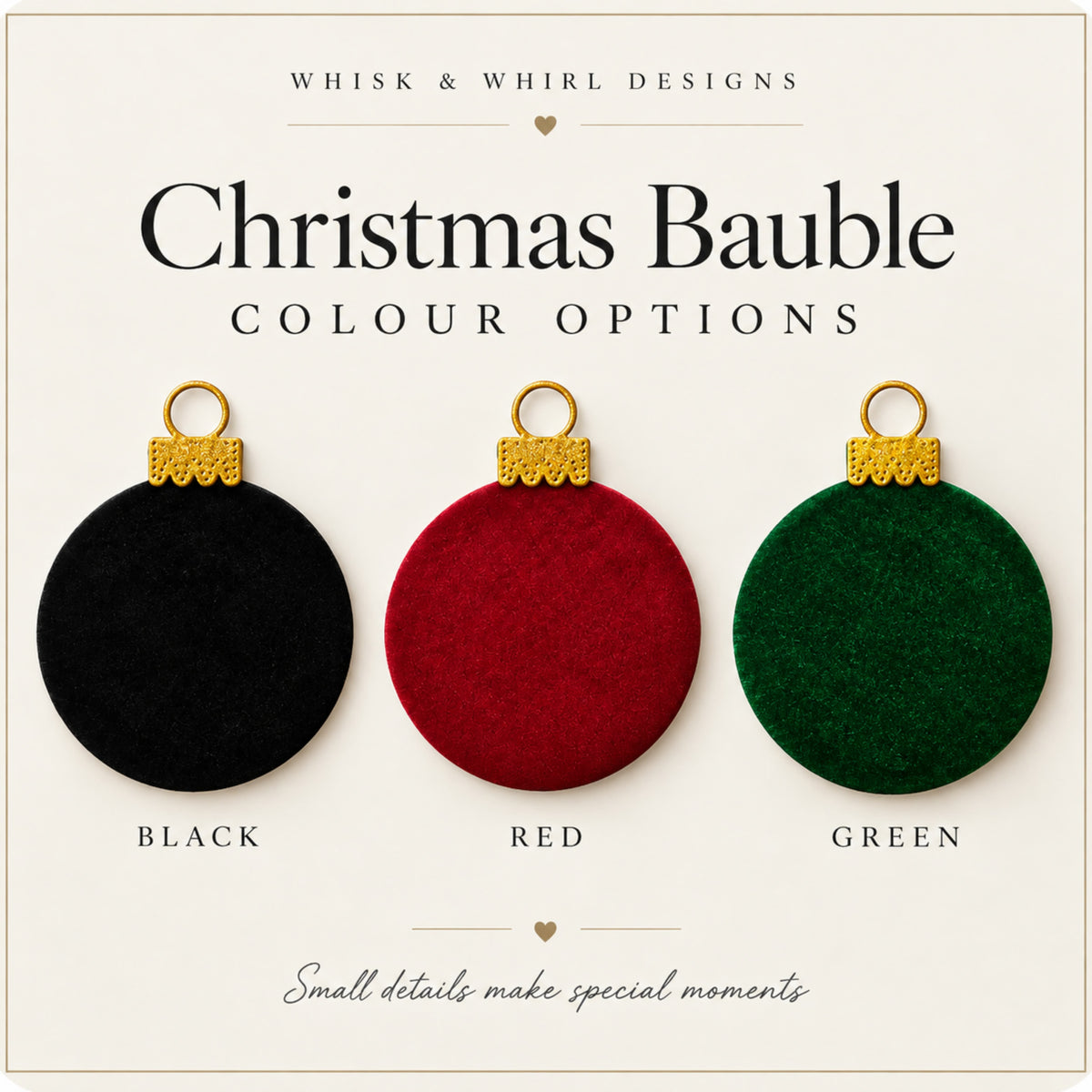 Christmas bauble colour options — Black, Red and Green velvet baubles with gold glitter topper