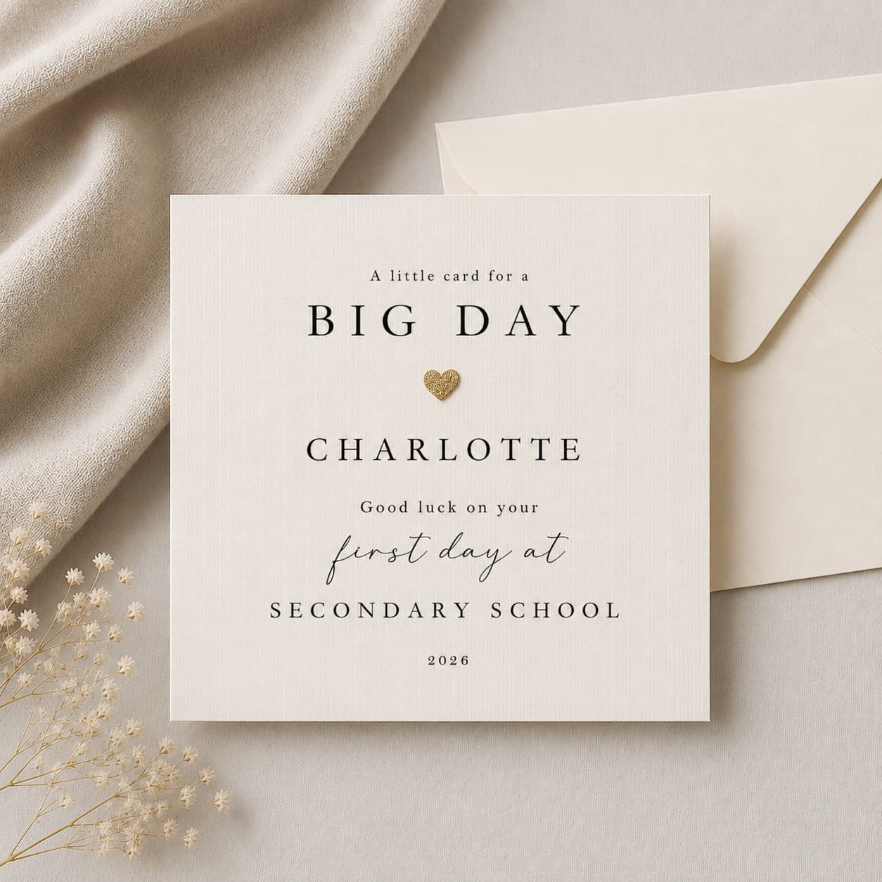 First Day at Secondary School Card — Personalised with Name | Handmade | Metallic Leaf Heart