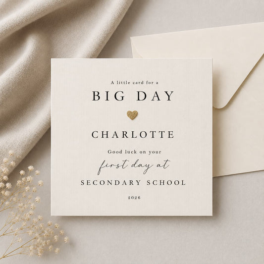 First Day at Secondary School Card — Personalised with Name | Handmade | Metallic Leaf Heart