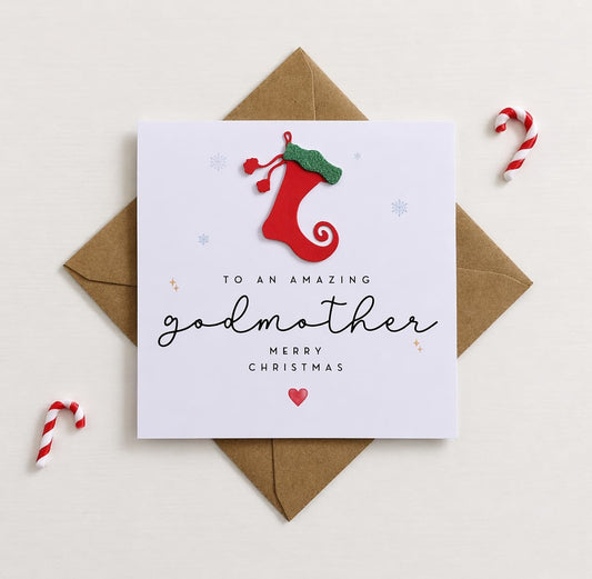 Handmade Godmother Christmas Card with Glitter Stocking