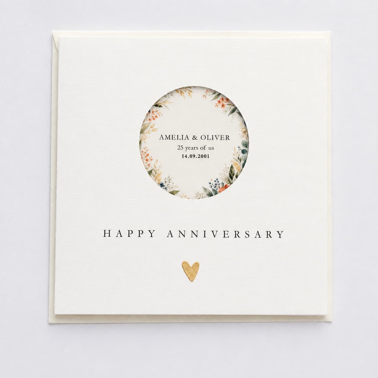 Personalised Anniversary Card — Floral Window with Metallic Leaf Heart