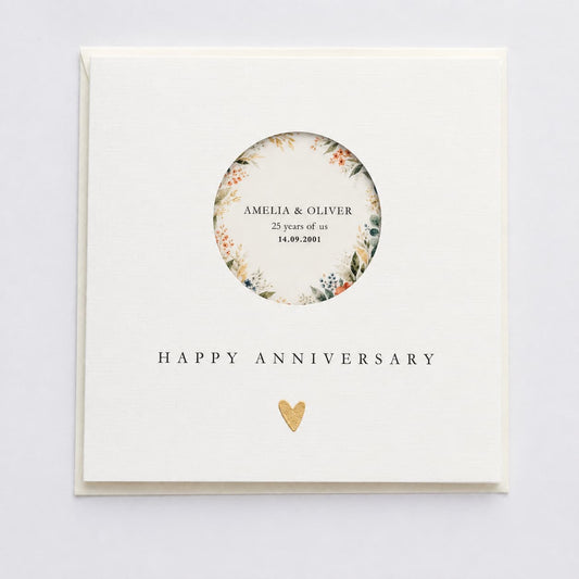 Personalised Anniversary Card — Floral Window with Metallic Leaf Heart