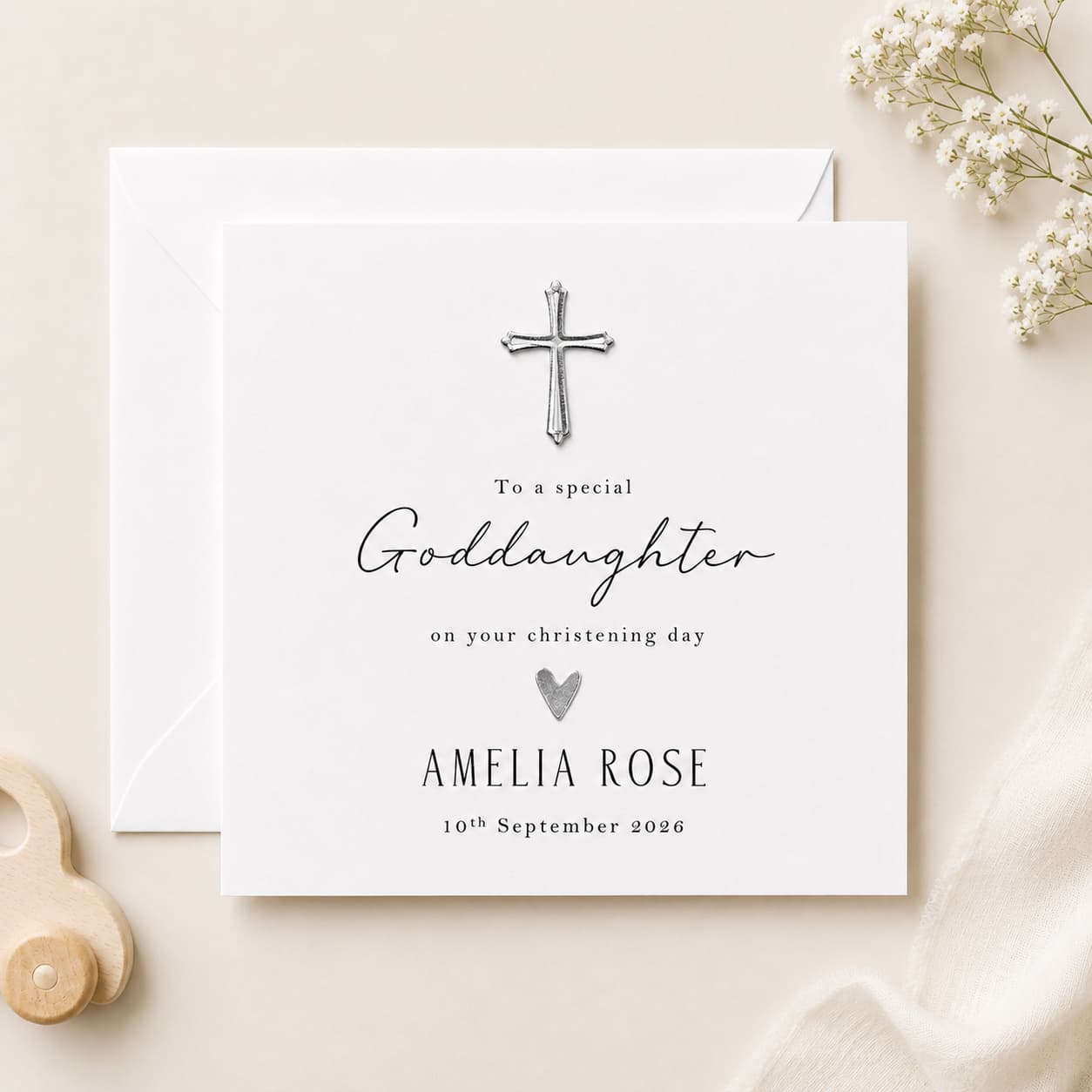 Personalised Goddaughter Christening Day Card — Hand-Applied Gold or Silver Cross