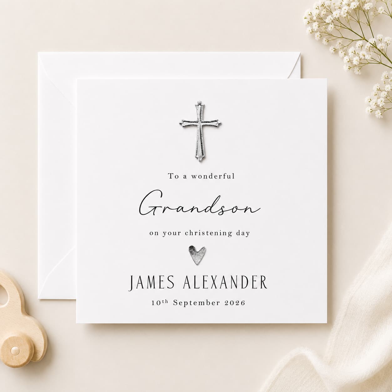 Personalised Grandson Christening Day Card — Hand-Applied Gold or Silver Cross