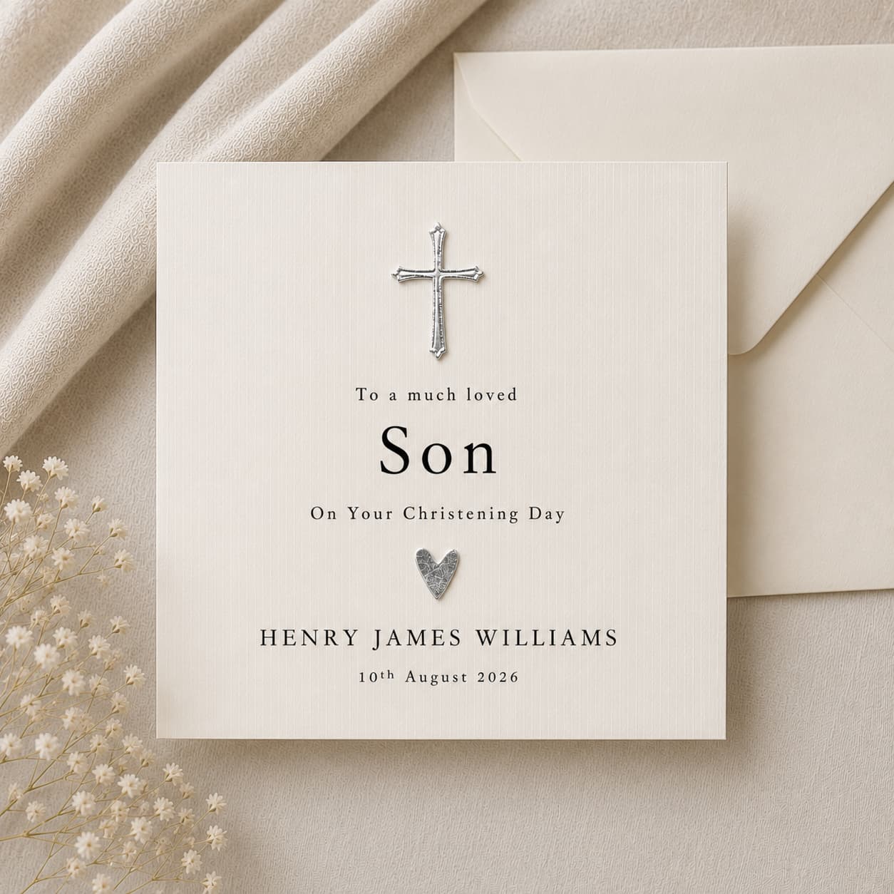Personalised son christening card with silver cross and heart on ivory linen card — typographic serif design