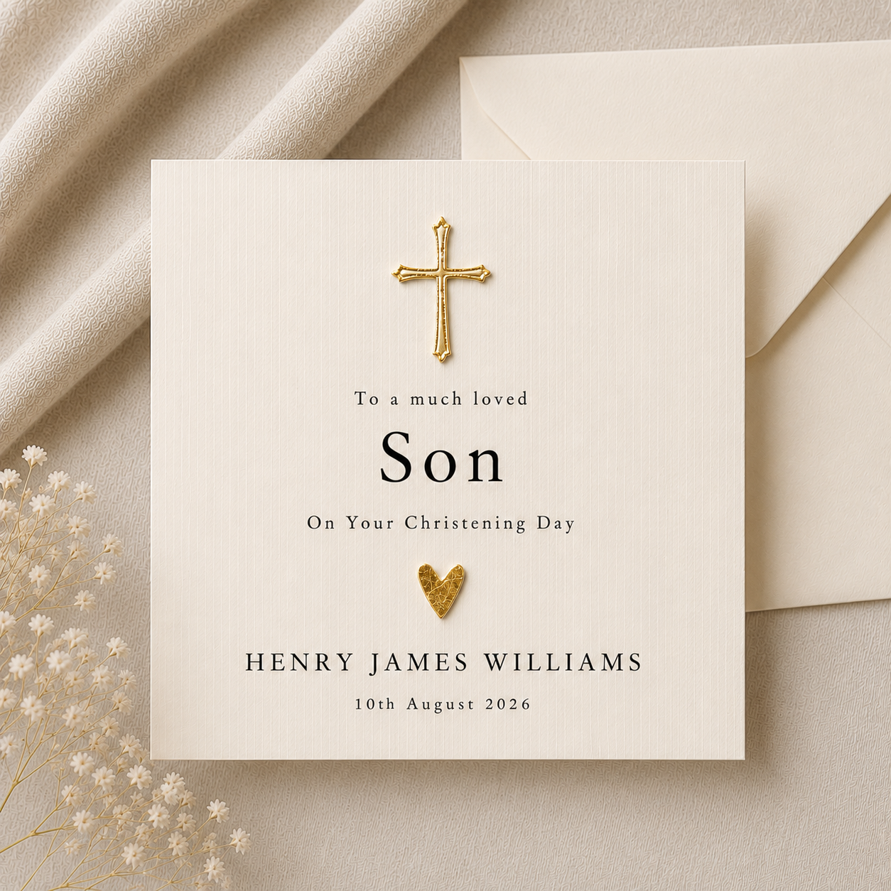 Personalised son christening card with gold cross and heart on ivory linen card — typographic serif design