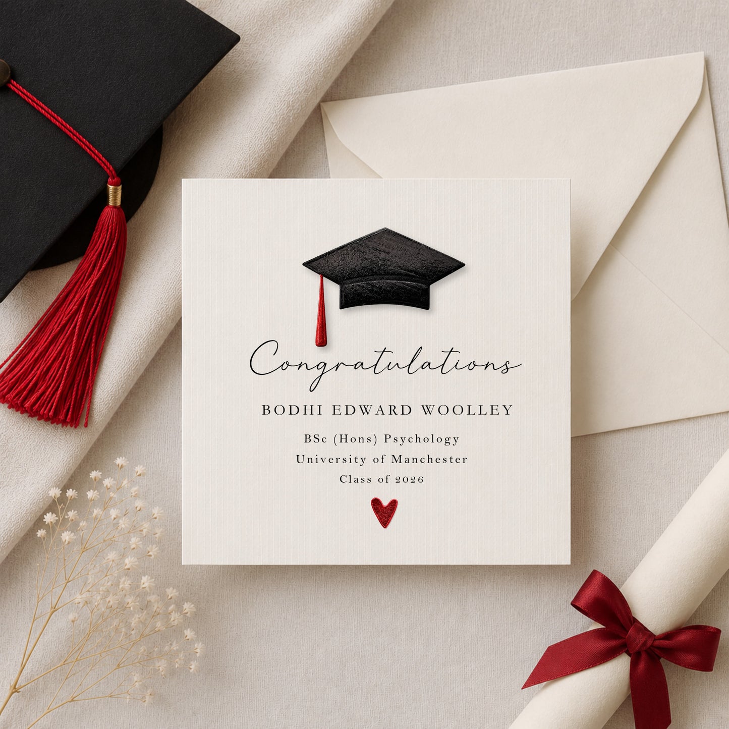 Personalised Graduation Card with Metallic Mortar Board Hat — Choose Your Colour