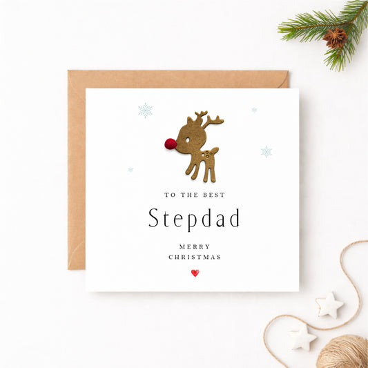 Christmas Card for Stepdad — Handmade Reindeer with Red Pompom