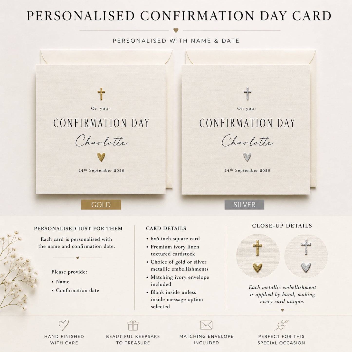 Personalised Confirmation Day Card | Gold or Silver Cross & Heart