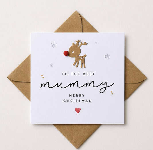 Handmade Mummy Christmas Card with Reindeer & Pom Pom Nose