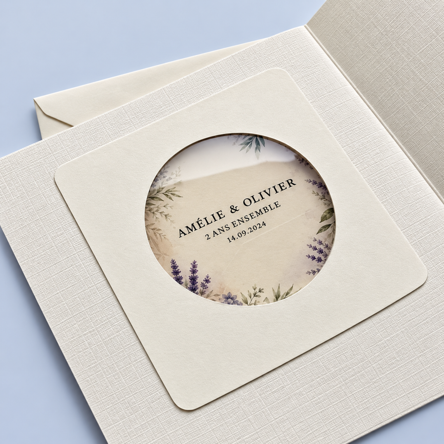 Personalised Joyeux Anniversaire Card — French Floral Window with Metallic Leaf Heart