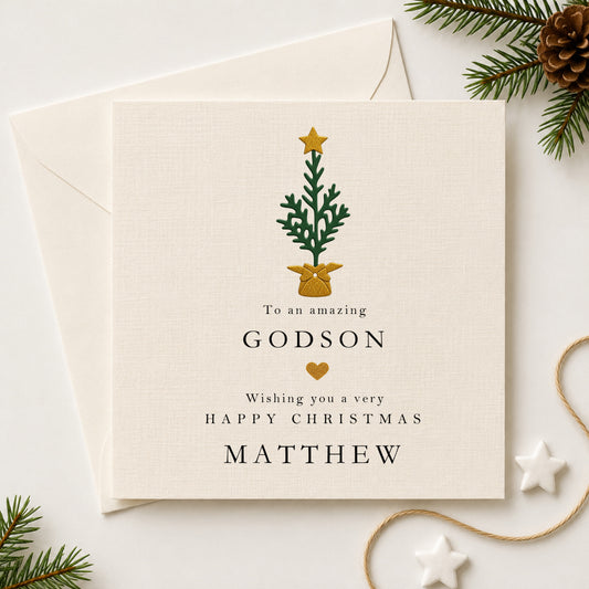 Christmas Card for Godson — Personalised with Name | Hand-Layered Tree