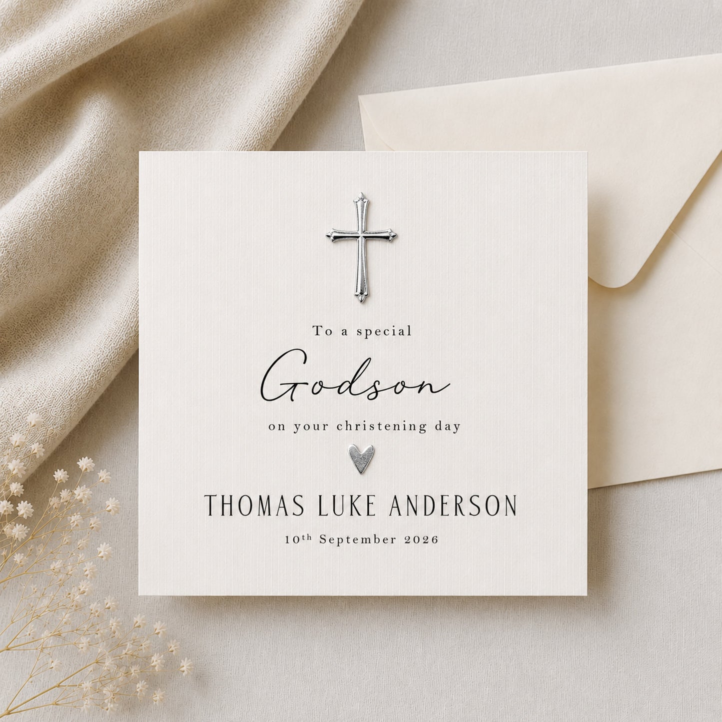 Personalised Godson Christening Day Card — Hand-Applied Ornate Gold or Silver Cross