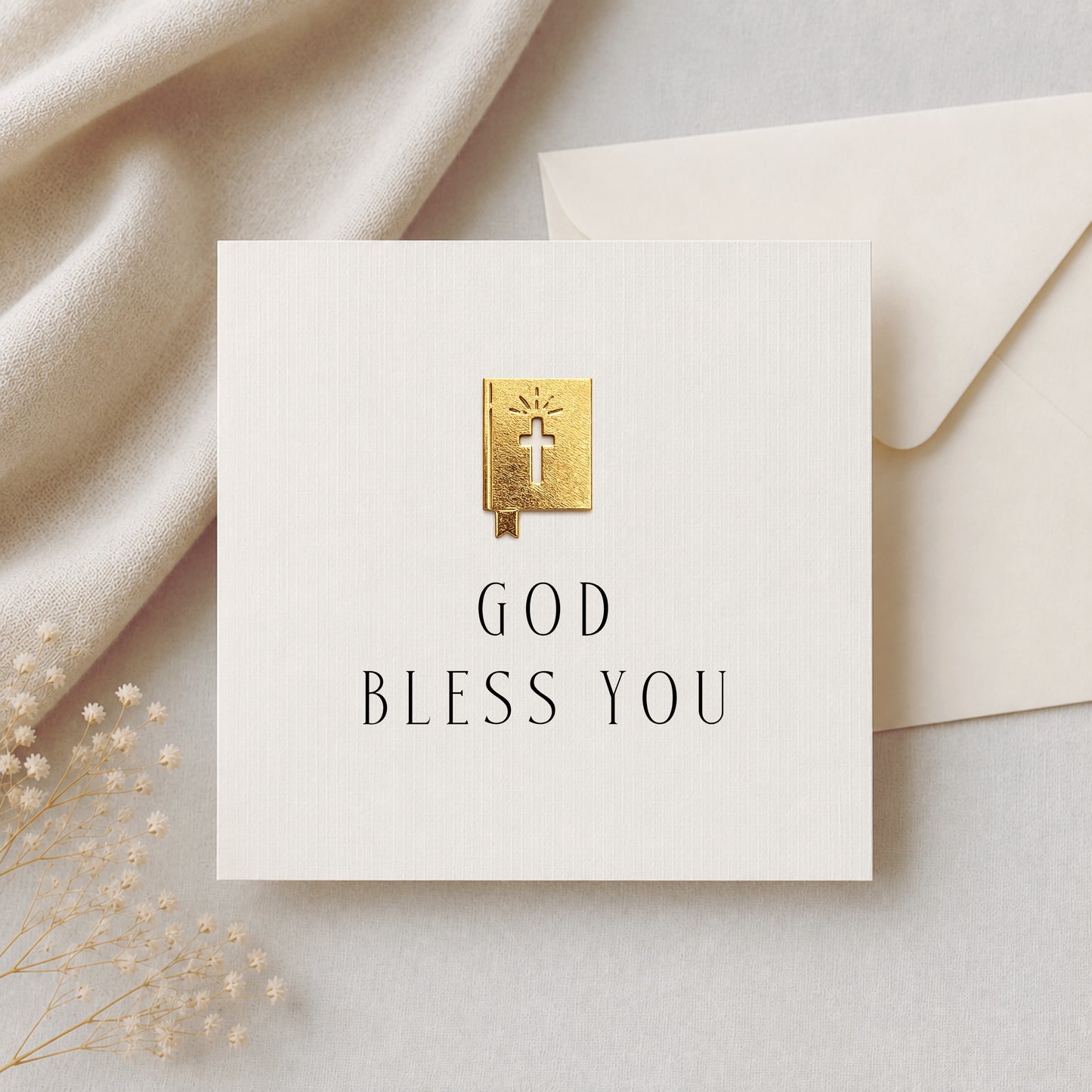 God Bless You card with gold metallic leaf Bible embellishment on ivory linen card stock