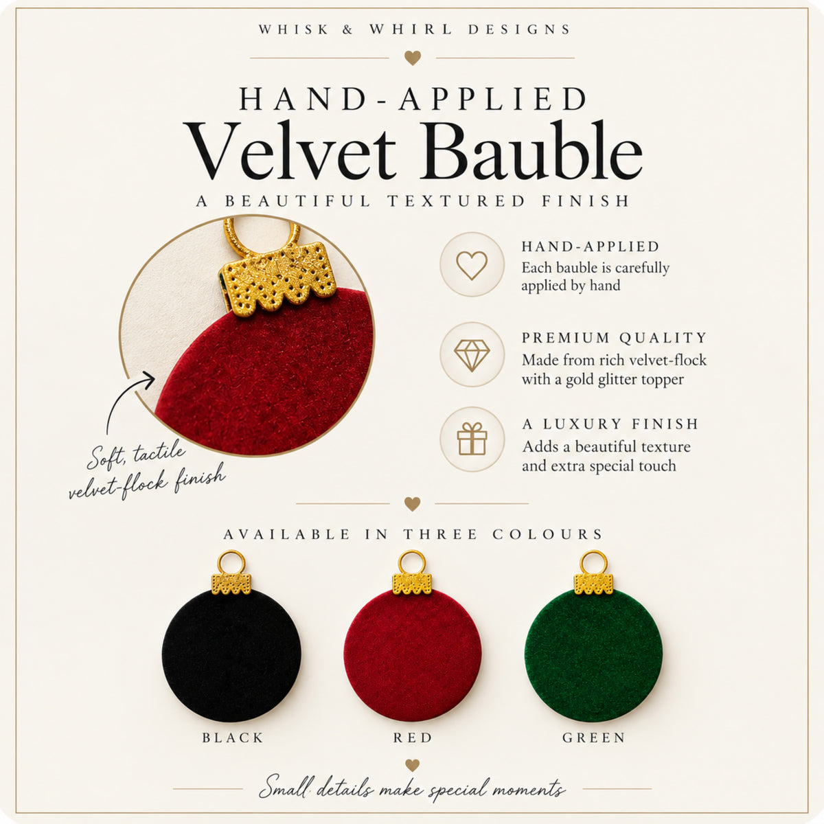 Hand-applied velvet bauble detail slide — soft tactile velvet-flock finish with gold glitter topper, available in Black, Red and Green