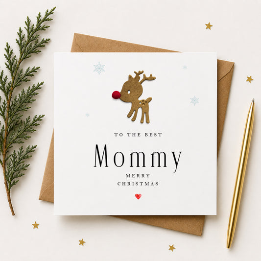 Christmas Card for Mommy — Handmade Reindeer with Red Pompom