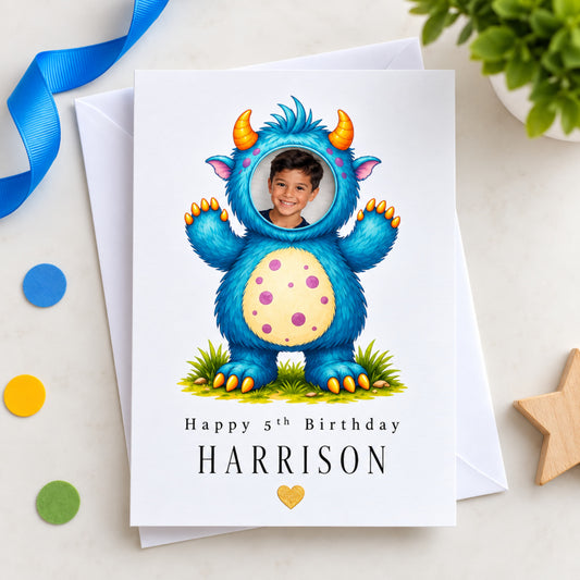 Personalised Monster Birthday Card with Photo Window — Add Your Own Photo & Name