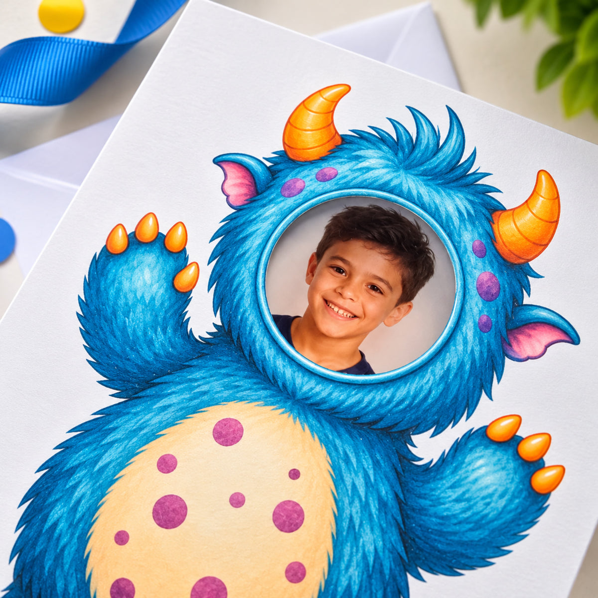 Personalised Monster Birthday Card with Photo Window — Add Your Own Photo & Name