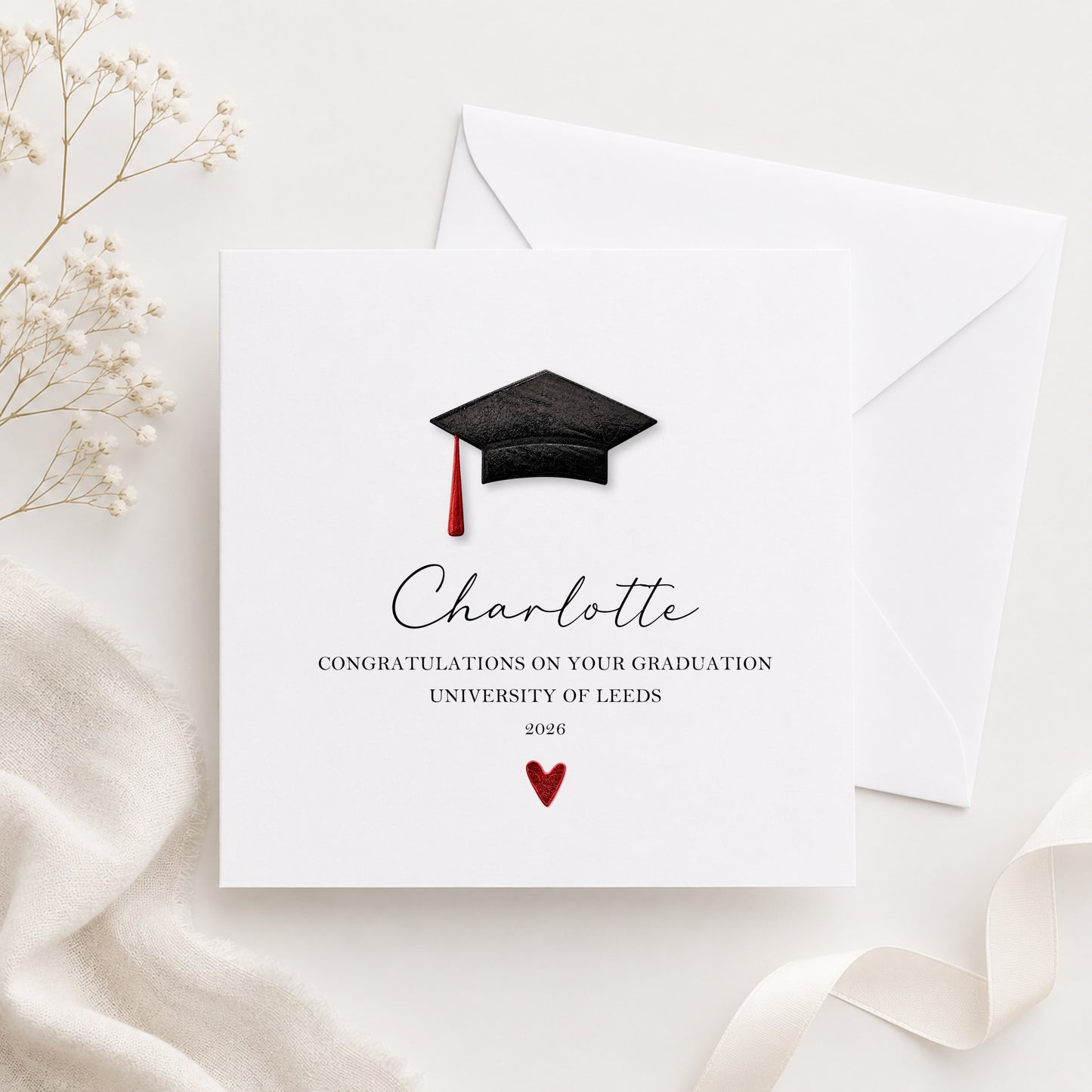 Personalised Graduation Card with Name & Metallic Mortar Board Hat — Choose Your Colour