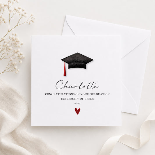 Personalised Graduation Card with Name & Metallic Mortar Board Hat — Choose Your Colour