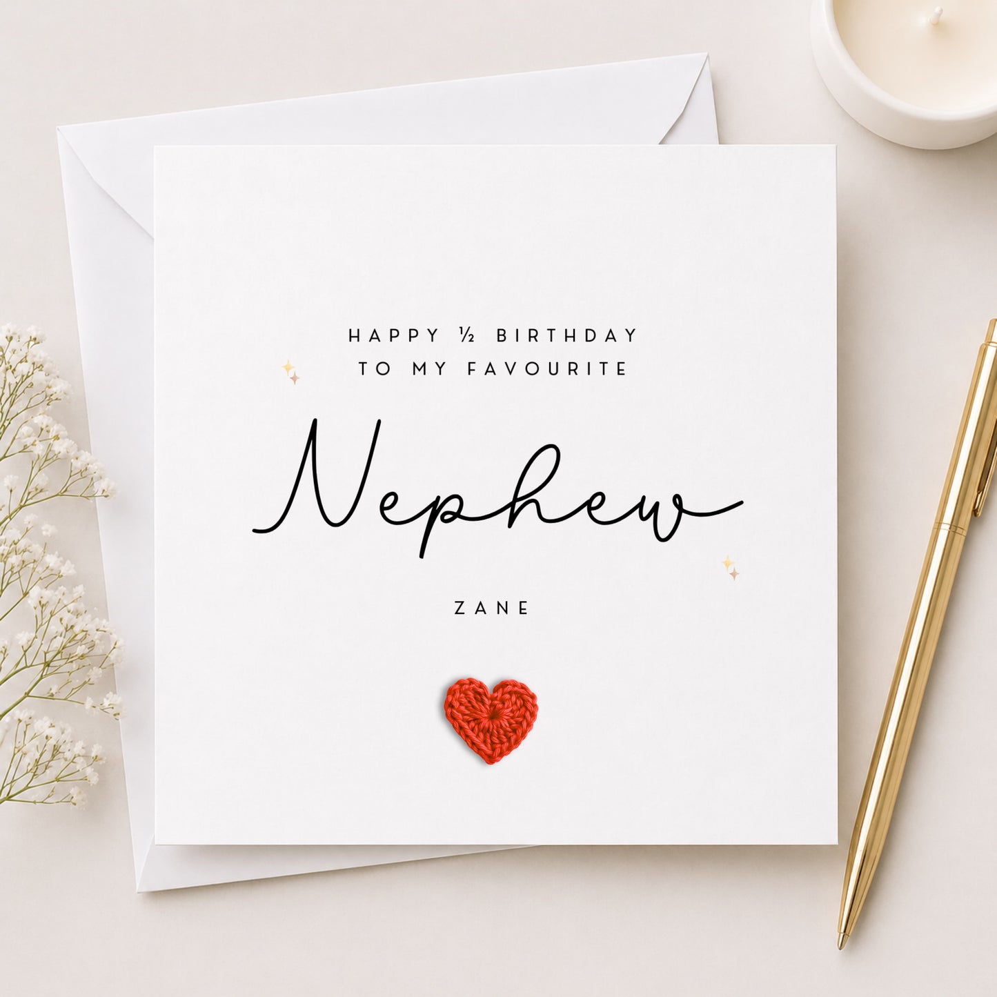 Happy Half Birthday Nephew Card — Personalised Crochet Heart