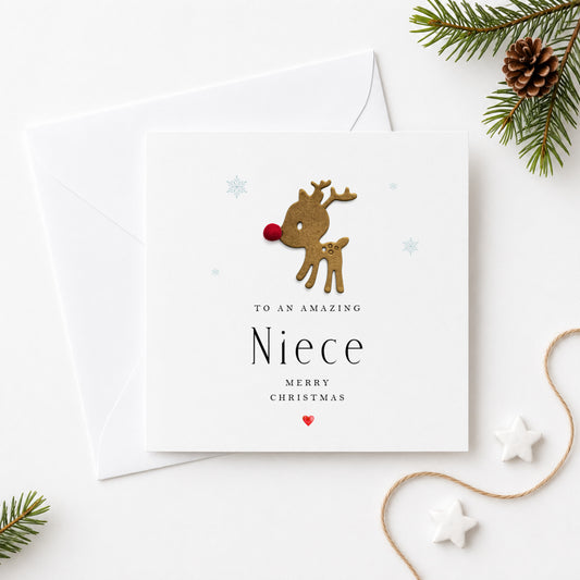 Christmas Card for Niece — Handmade Reindeer with Red Pompom