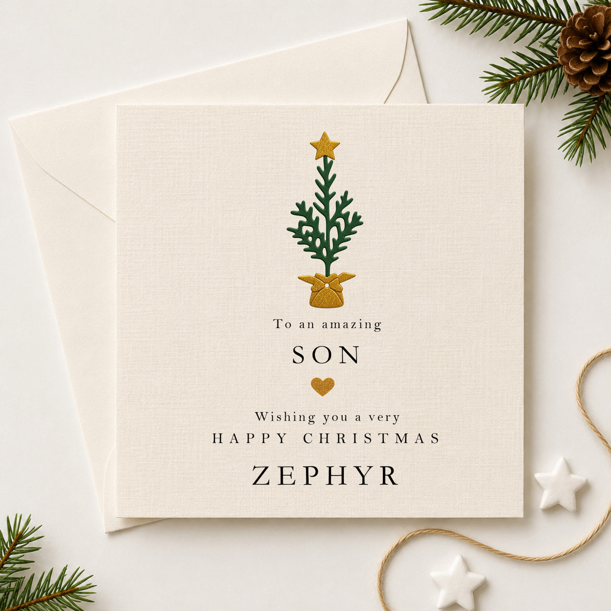 Christmas Card for Son — Personalised with Name | Hand-Layered Tree