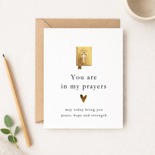 You Are in My Prayers sympathy card with gold metallic leaf Bible and heart, kraft envelope