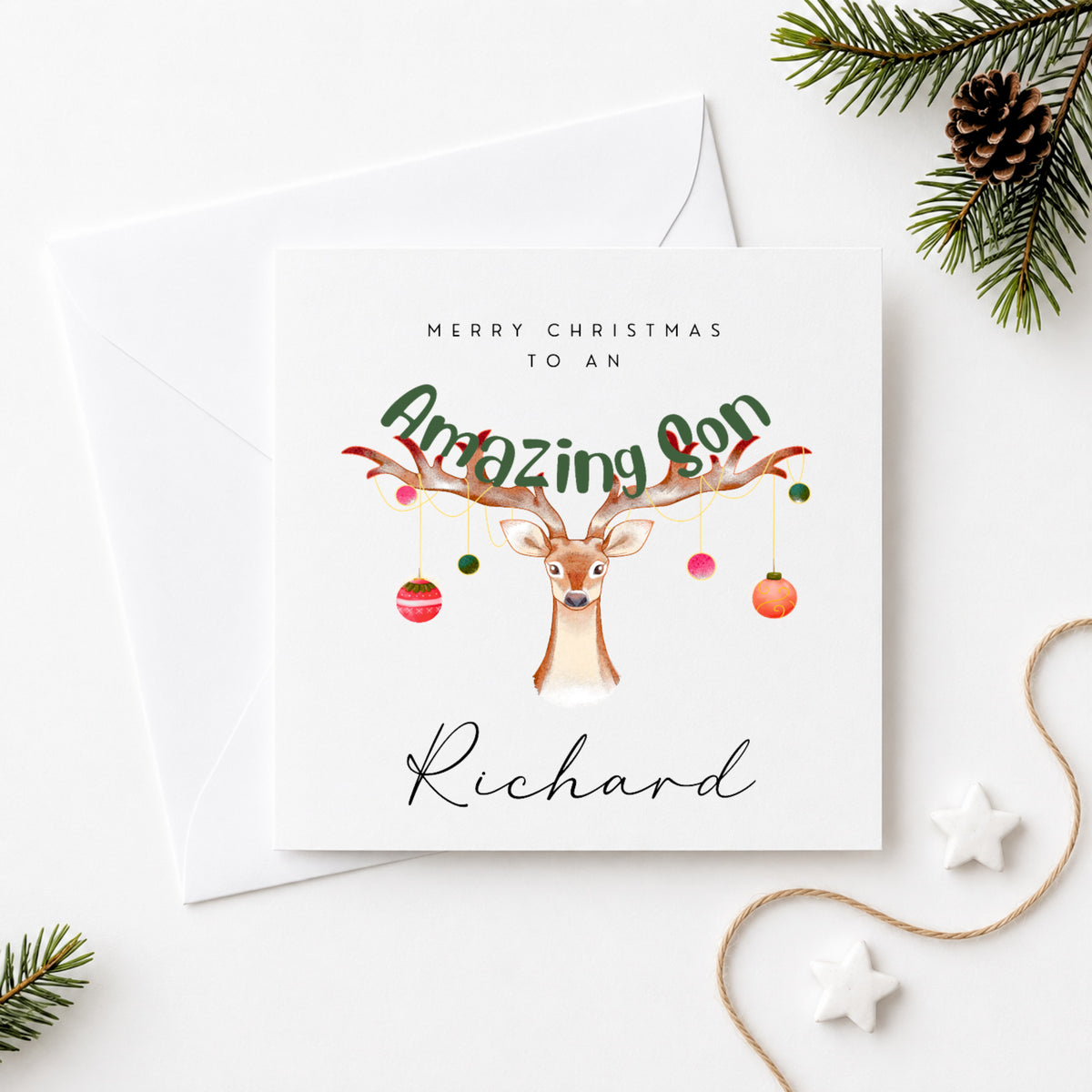Christmas Card for Son - Personalised with Name | Amazing Son Reindeer Design