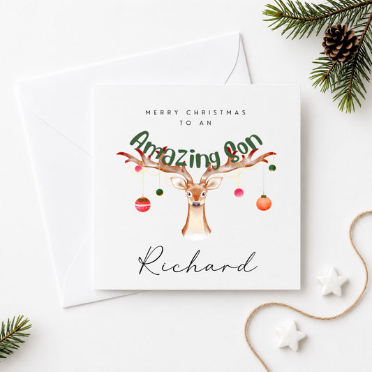 Christmas Card for Son - Personalised with Name | Amazing Son Reindeer Design