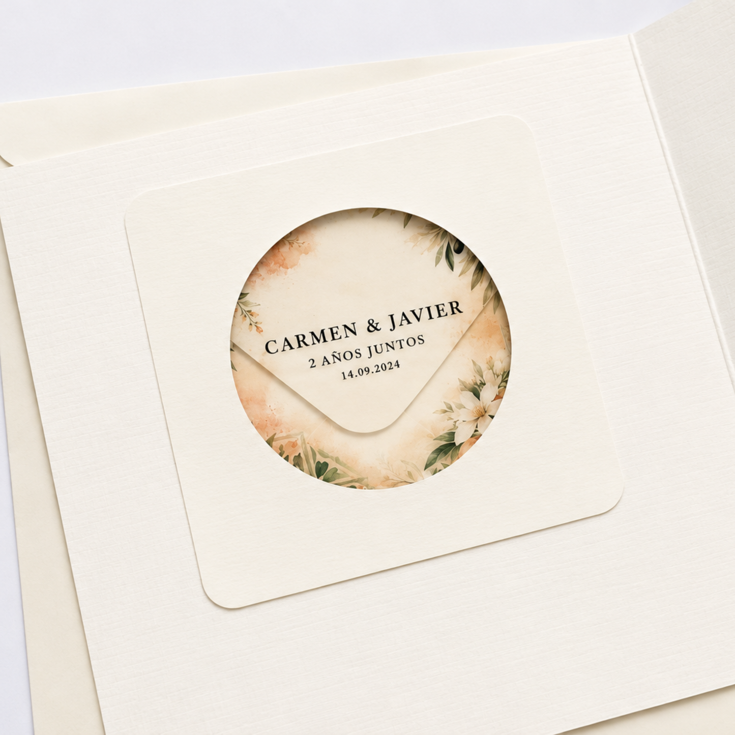 Personalised Feliz Aniversario Card — Mediterranean Floral Window with Metallic Leaf Heart