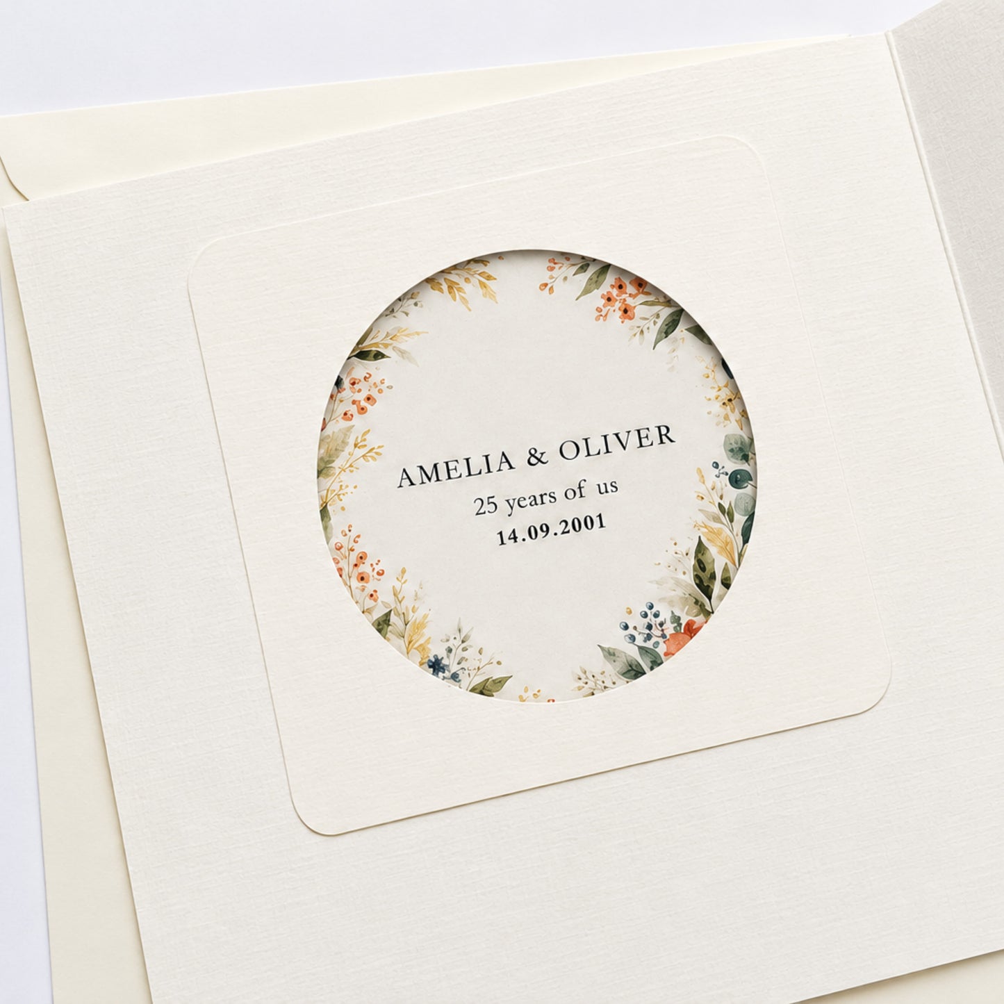 Personalised Anniversary Card — Floral Window with Metallic Leaf Heart