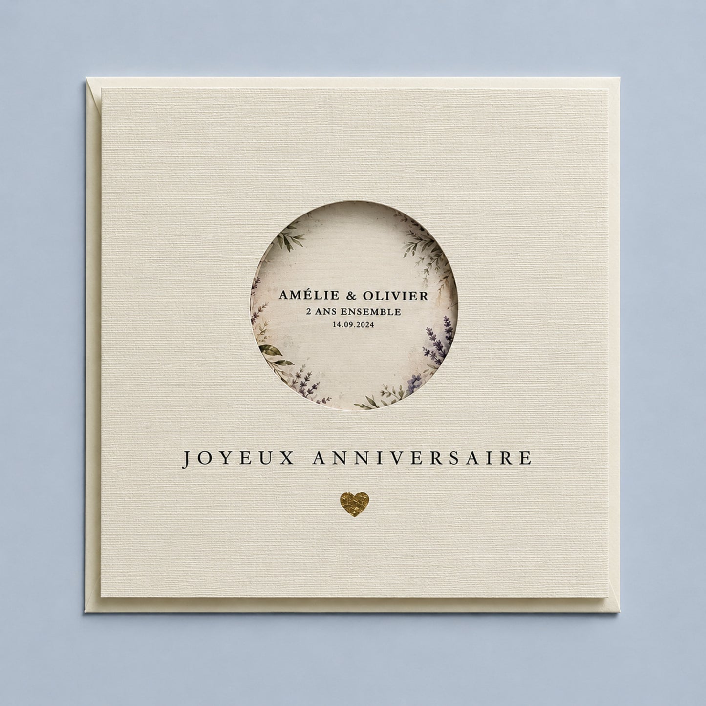 Personalised Joyeux Anniversaire Card — French Floral Window with Metallic Leaf Heart