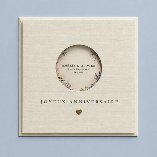 Personalised Joyeux Anniversaire Card — French Floral Window with Metallic Leaf Heart