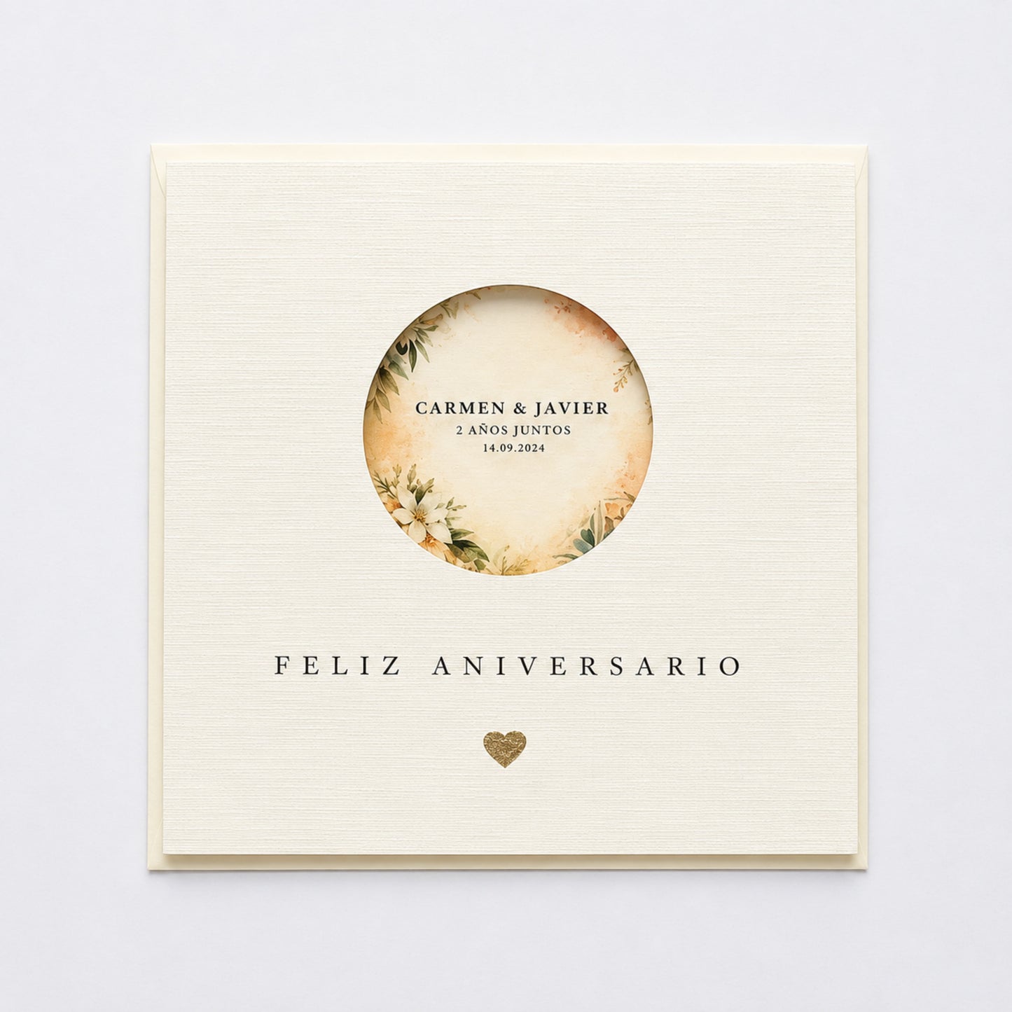 Personalised Feliz Aniversario Card — Mediterranean Floral Window with Metallic Leaf Heart