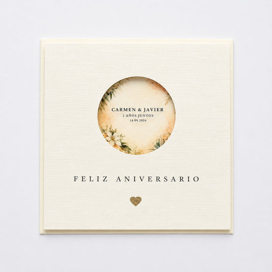 Personalised Feliz Aniversario Card — Mediterranean Floral Window with Metallic Leaf Heart