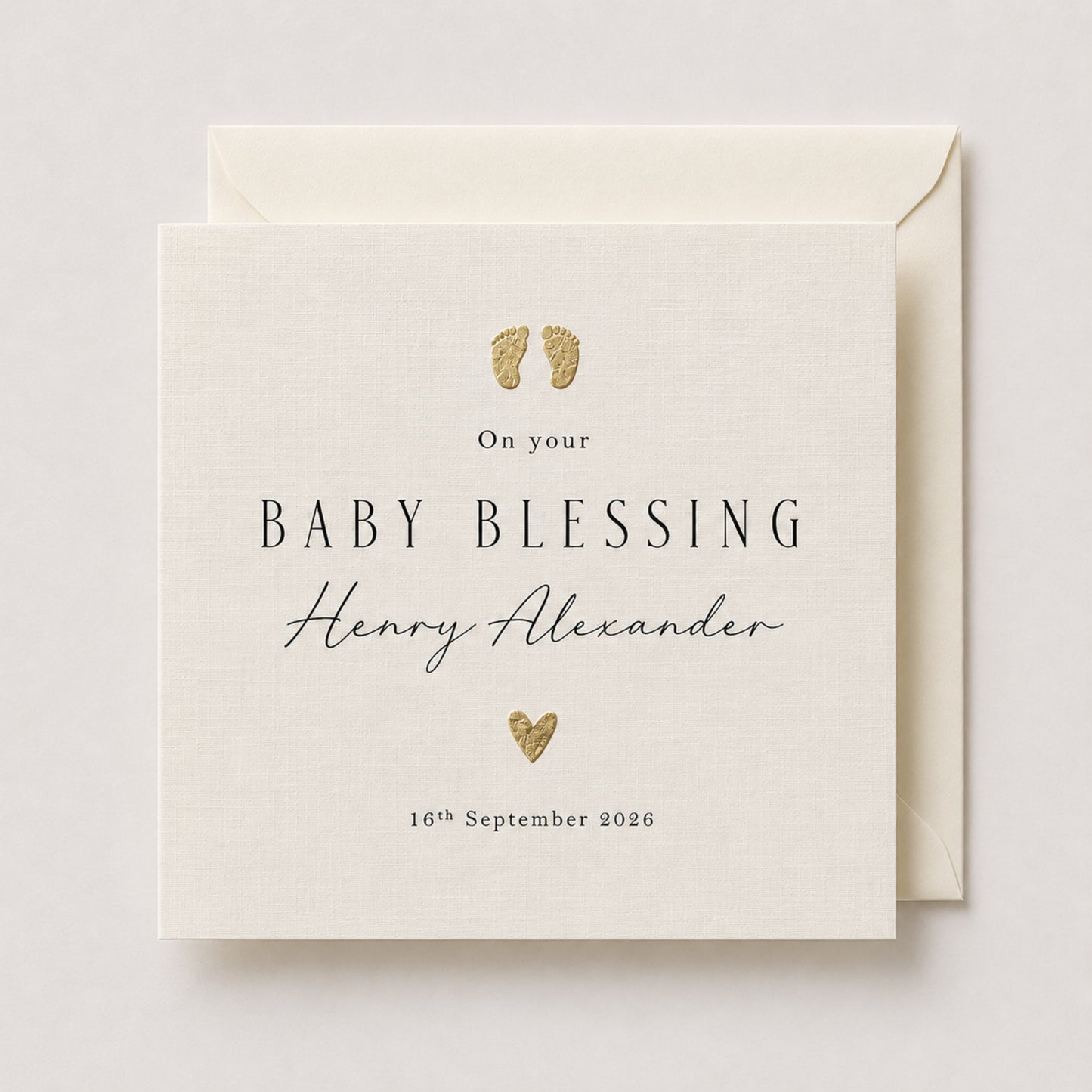 Personalised Baby Blessing Card | Metallic Leaf Baby Footprints & Heart