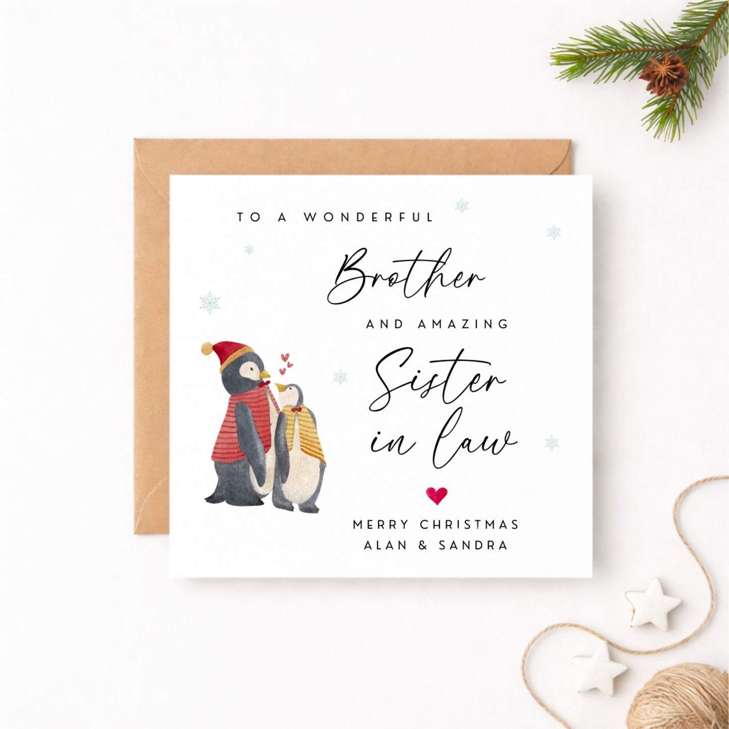 Brother & Sister in Law Christmas Card — Personalised Penguin Couple