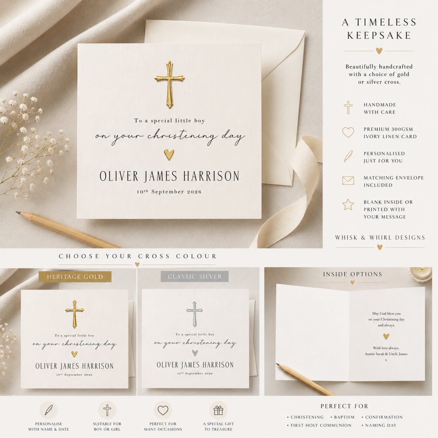 Personalised Christening Day Card — Handmade with Gold or Silver Cross