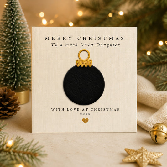 Personalised daughter Christmas card with hand-applied black velvet bauble on luxury ivory card — handmade design by Whisk & Whirl Designs, sent with an ivory envelope