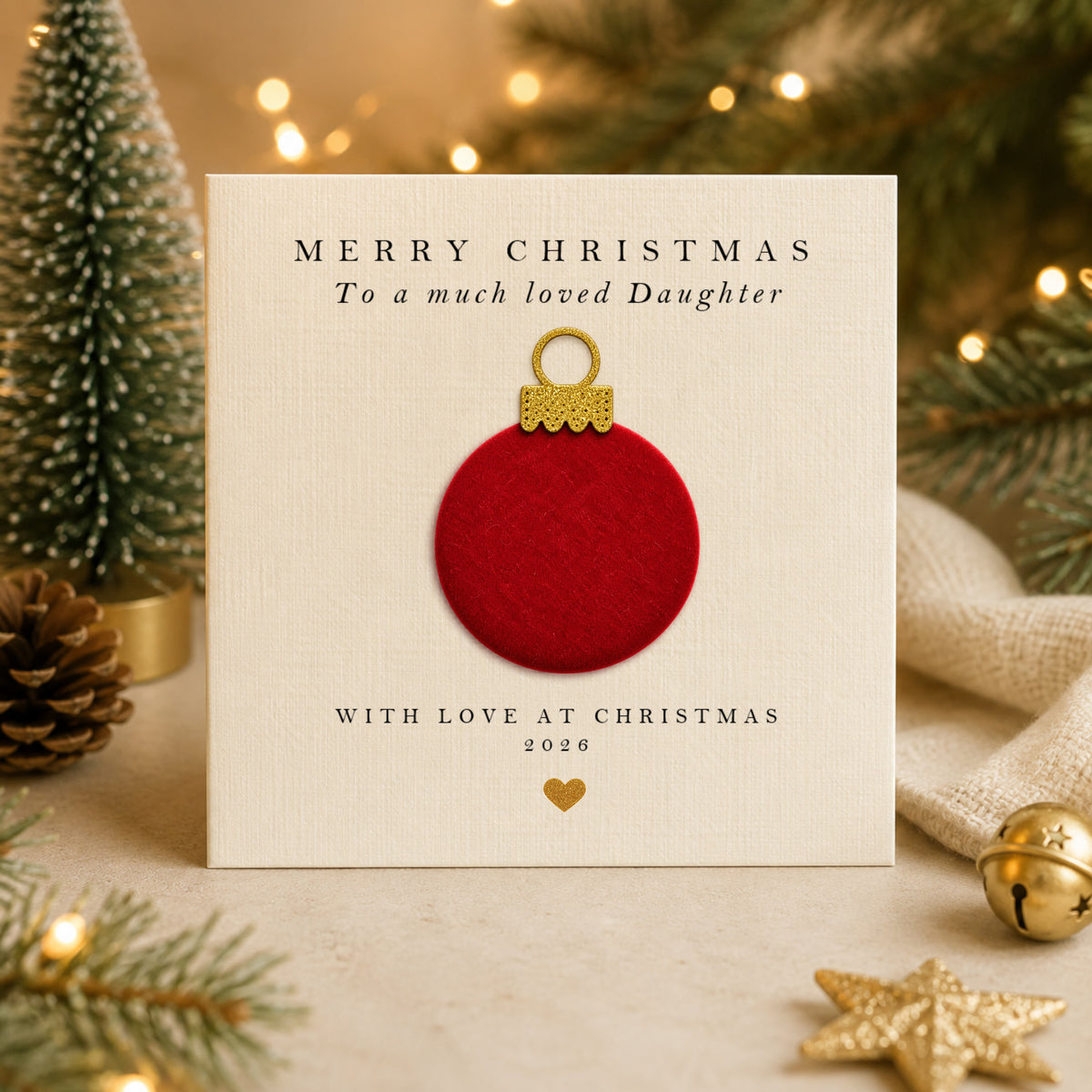 Personalised daughter Christmas card with hand-applied red velvet bauble on luxury ivory card — handmade design by Whisk & Whirl Designs