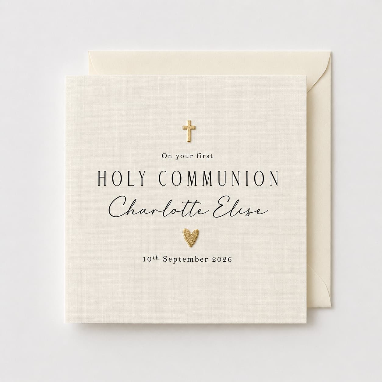 Personalised First Holy Communion Card | Gold or Silver Cross & Heart