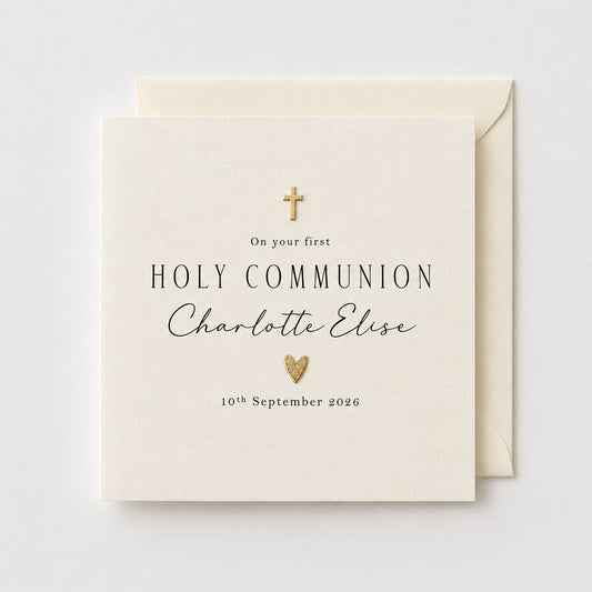 Personalised First Holy Communion Card | Gold or Silver Cross & Heart