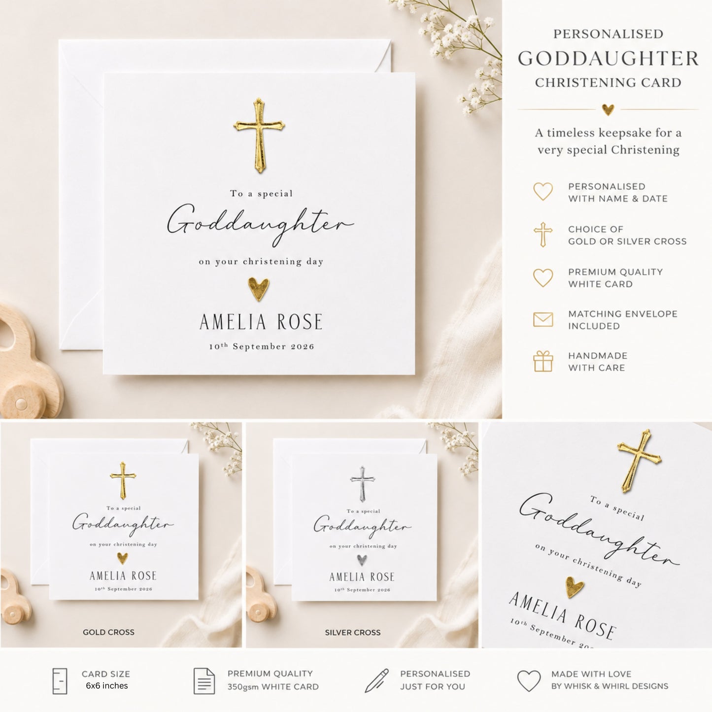 Personalised Goddaughter Christening Day Card — Hand-Applied Gold or Silver Cross