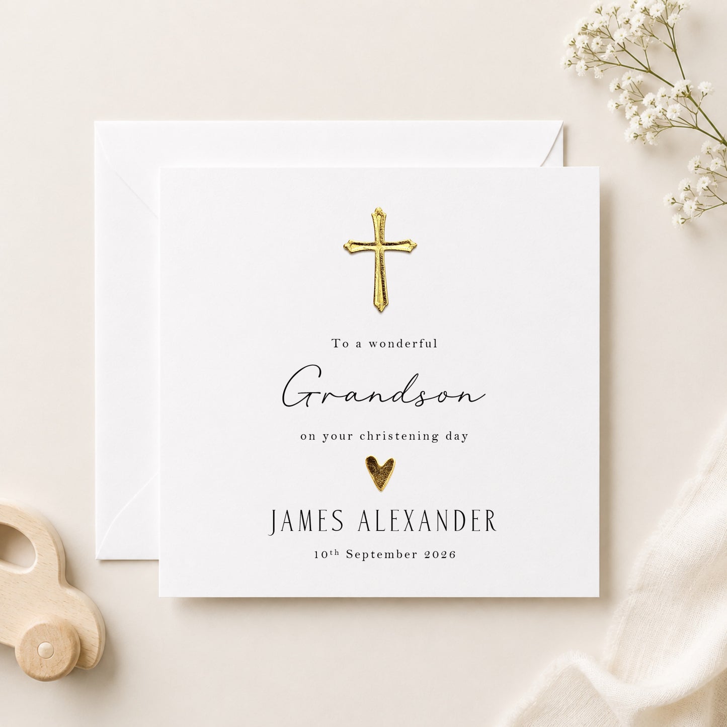 Personalised Grandson Christening Day Card — Hand-Applied Gold or Silver Cross