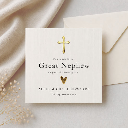 Personalised Great Nephew Christening Card — Gold or Silver Cross | Luxury Ivory Linen