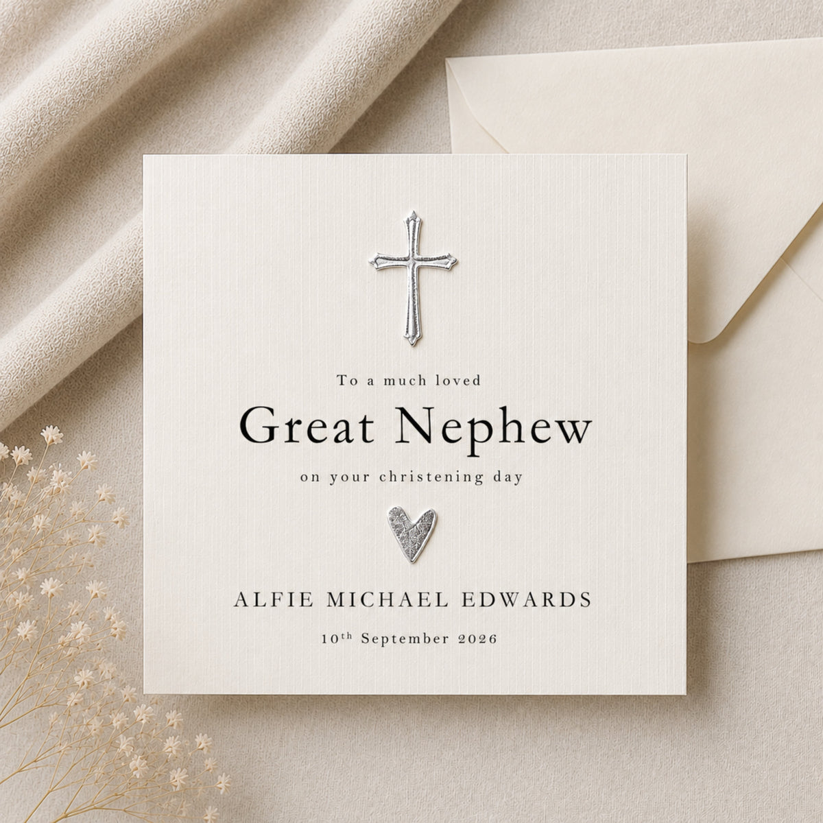 Personalised Great Nephew Christening Card — Gold or Silver Cross | Luxury Ivory Linen